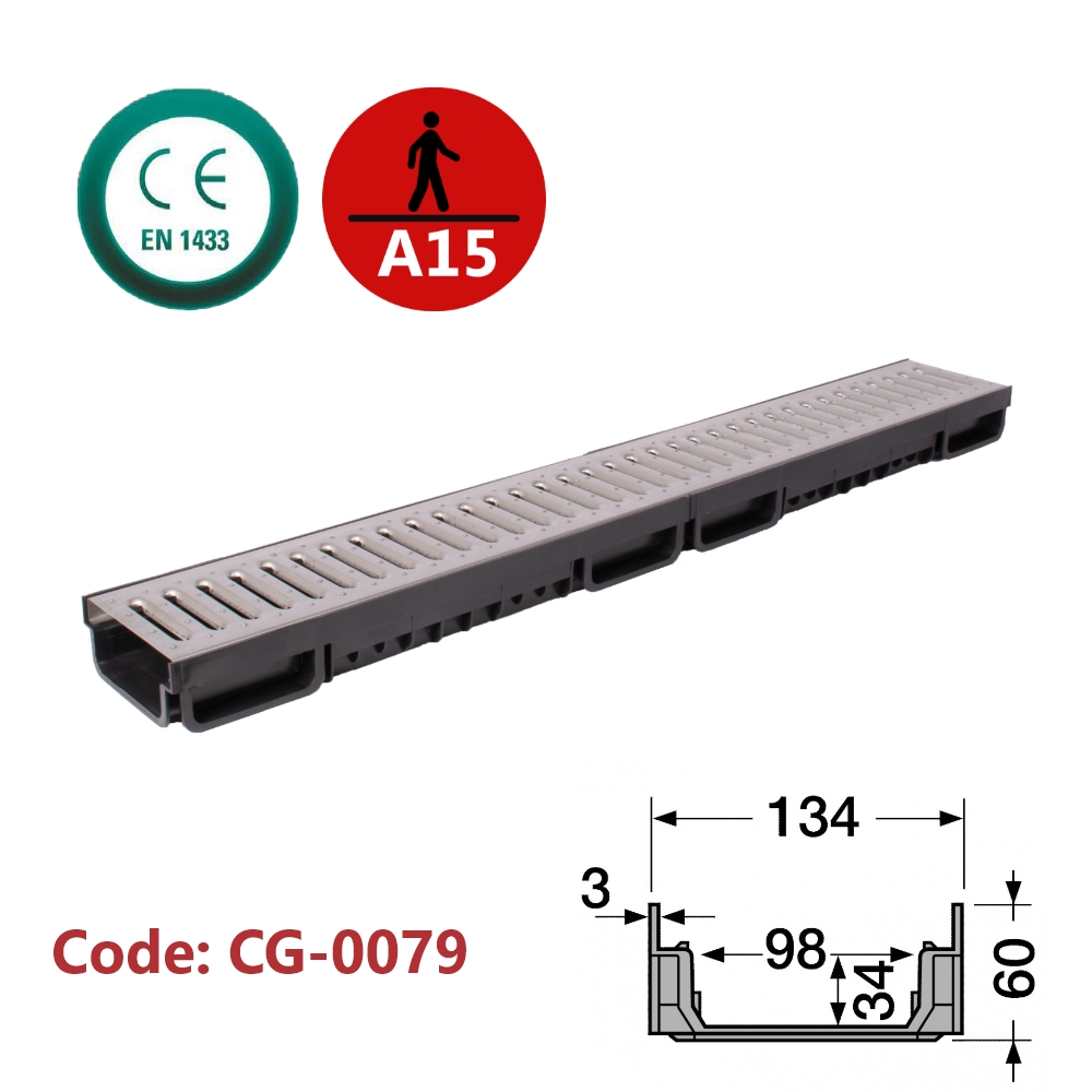 Channel Drain with Stainless Steel Grate (Slotted)