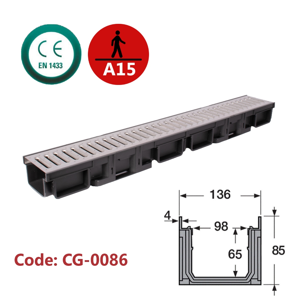 Channel Drain with Stainless Steel Grate (Slotted)