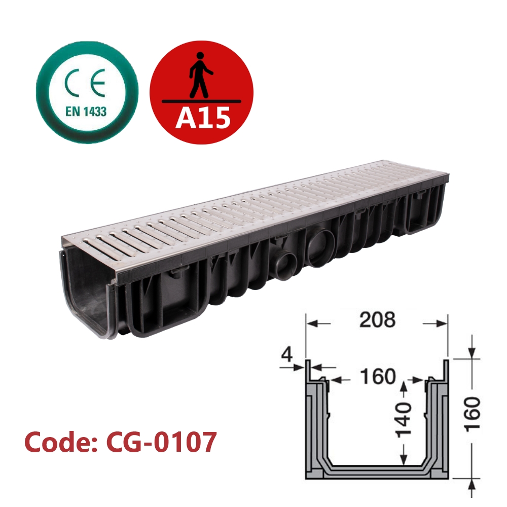 Channel Drain with Stainless Steel Grate (Slotted)